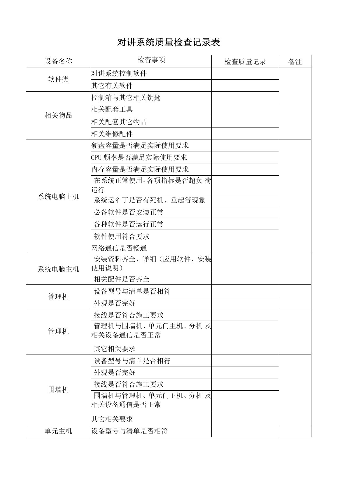 对讲系统质量检查记录表