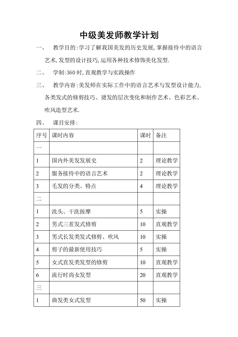 中级美发师教学计划