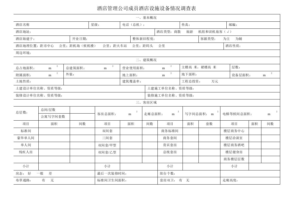 酒店管理表格酒店设备设施规划情况调查表叶予舜