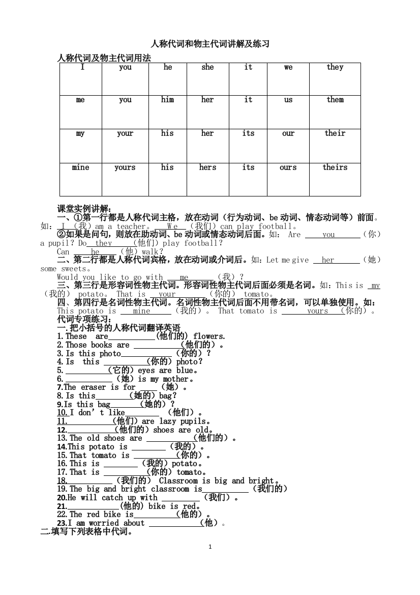 人称代词和物主代词讲解及练习