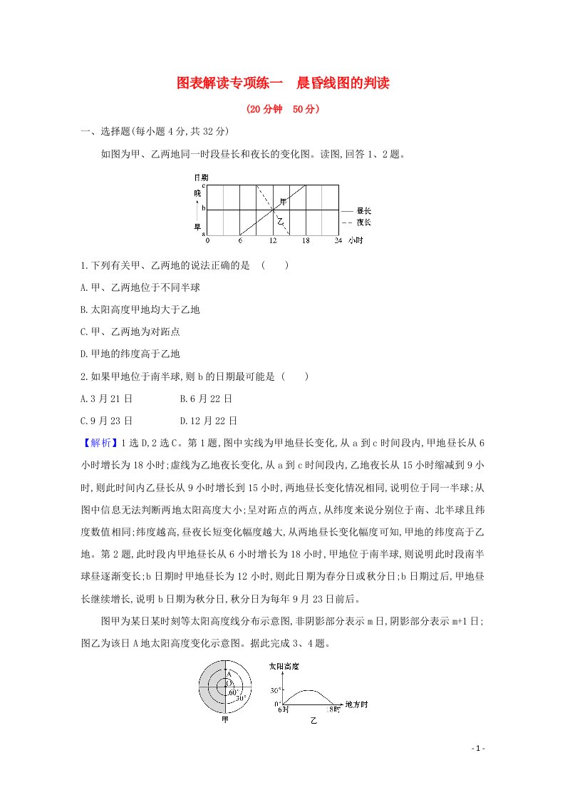 2022版高考地理一轮复习图表专项练一晨昏线图的判读含解析鲁教版