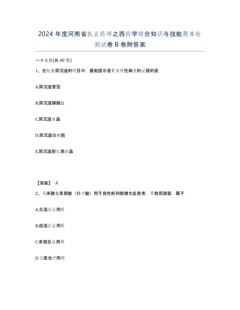 2024年度河南省执业药师之西药学综合知识与技能题库检测试卷B卷附答案