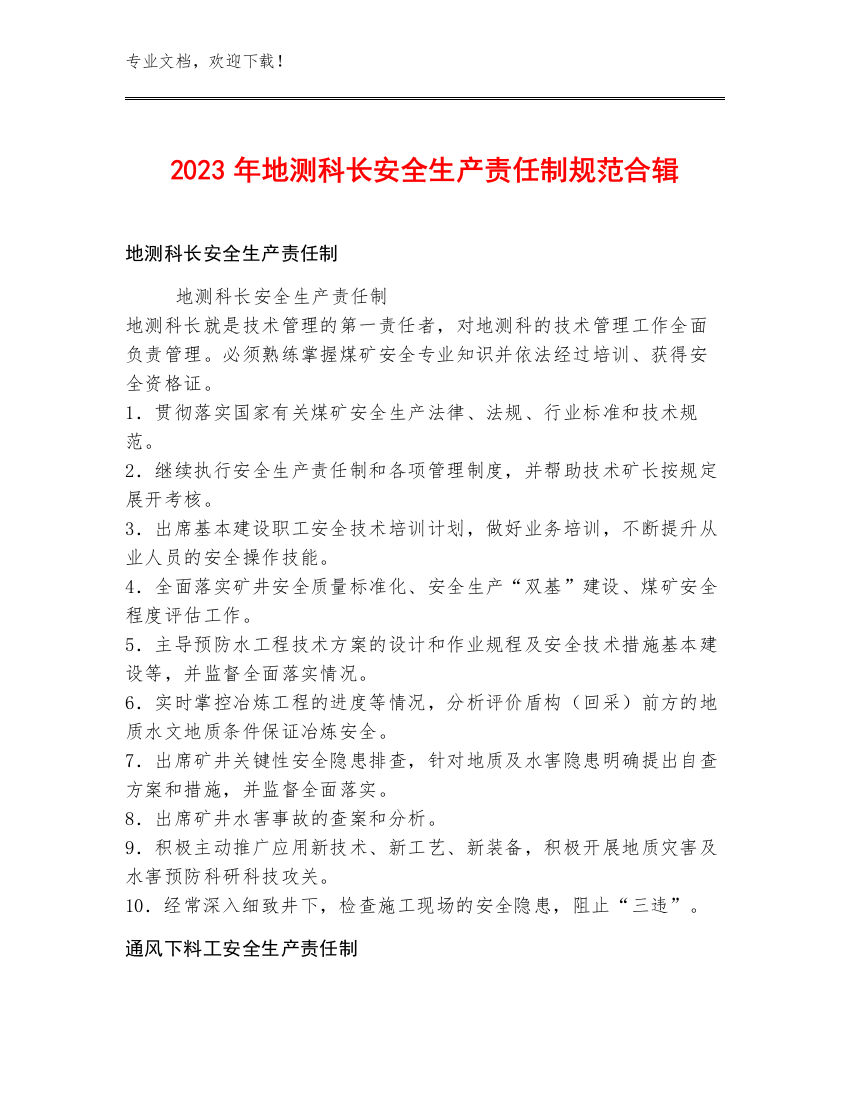 2023年地测科长安全生产责任制规范合辑