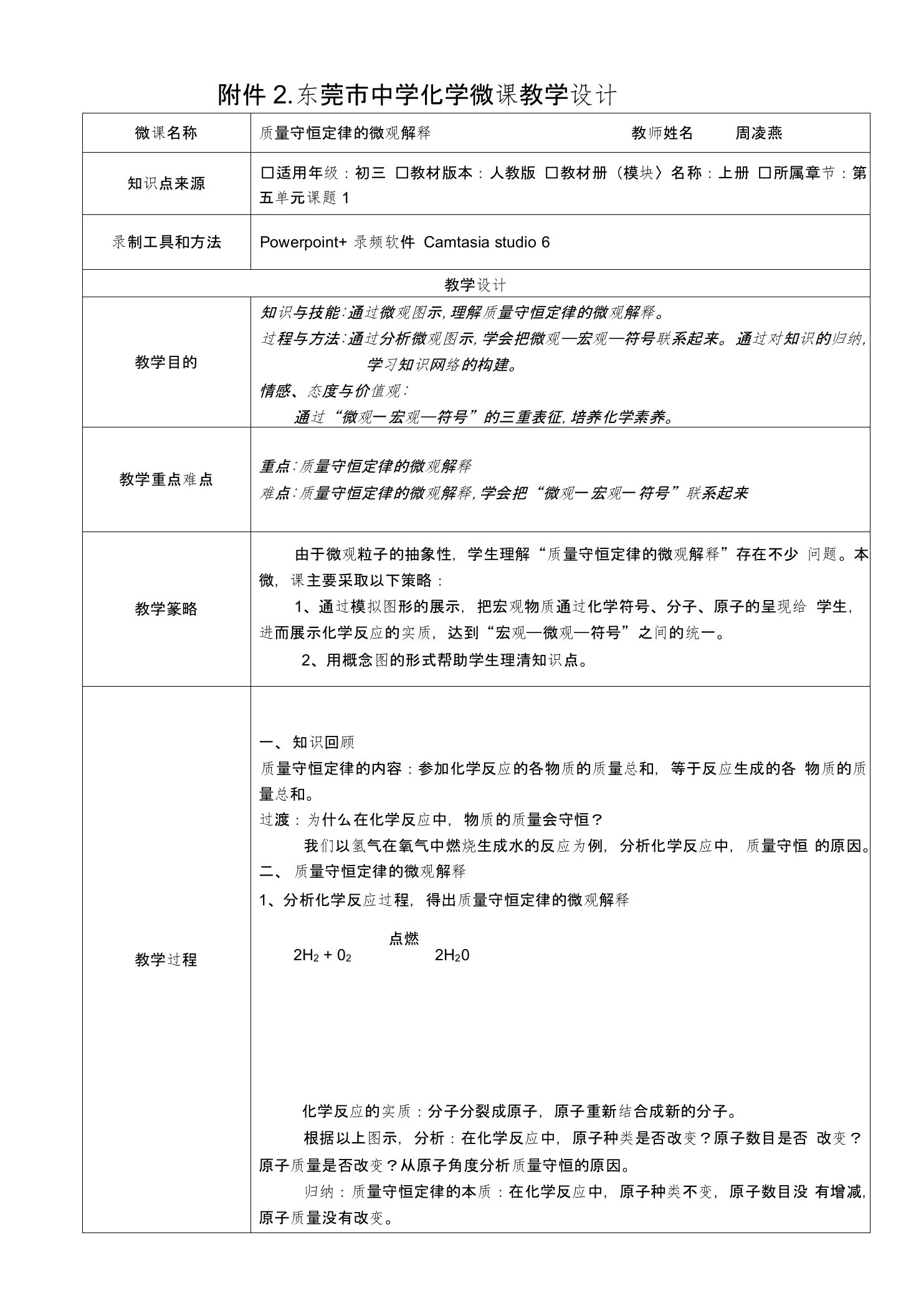 初中化学微课资料：质量守恒定律的微观解释微课教学设计