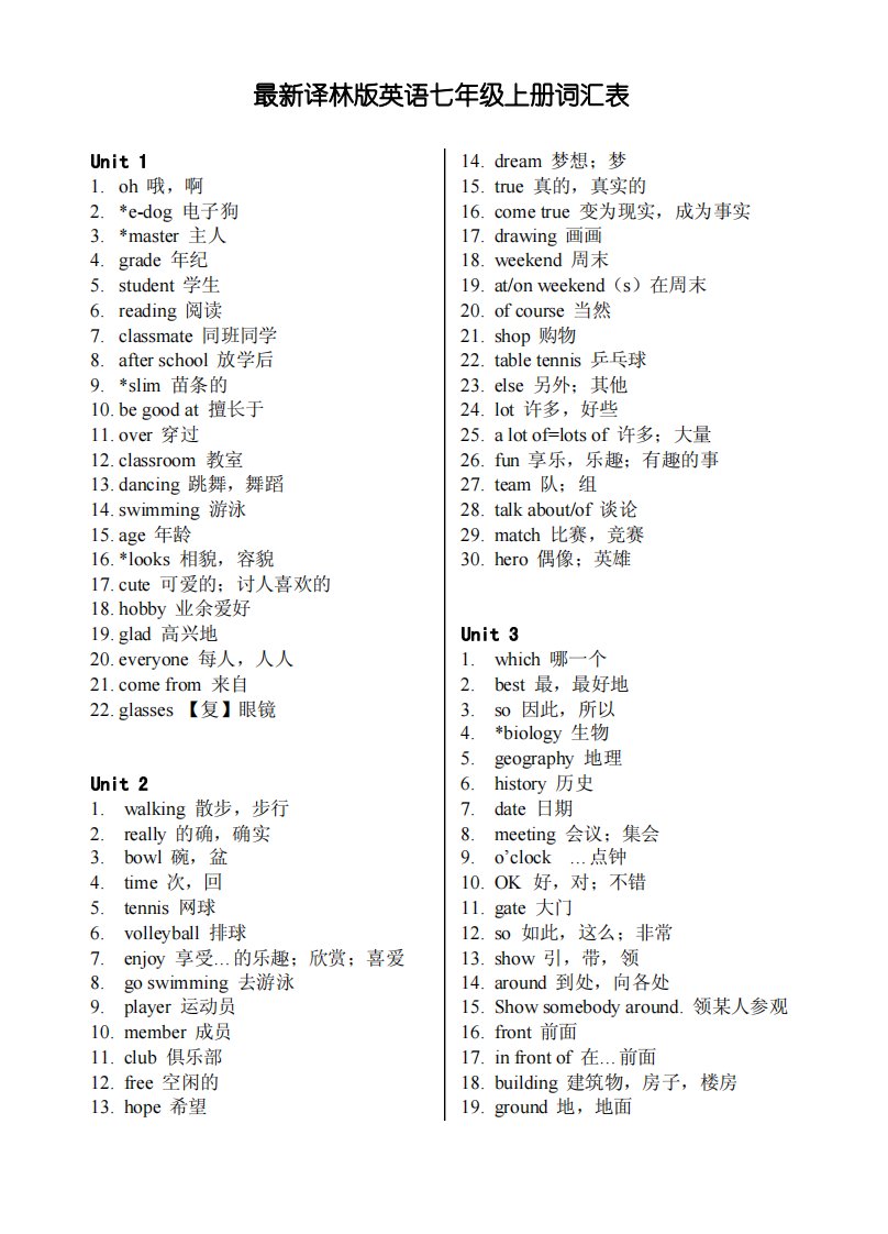 最新译林版英语七年级上册词汇表（打印版）