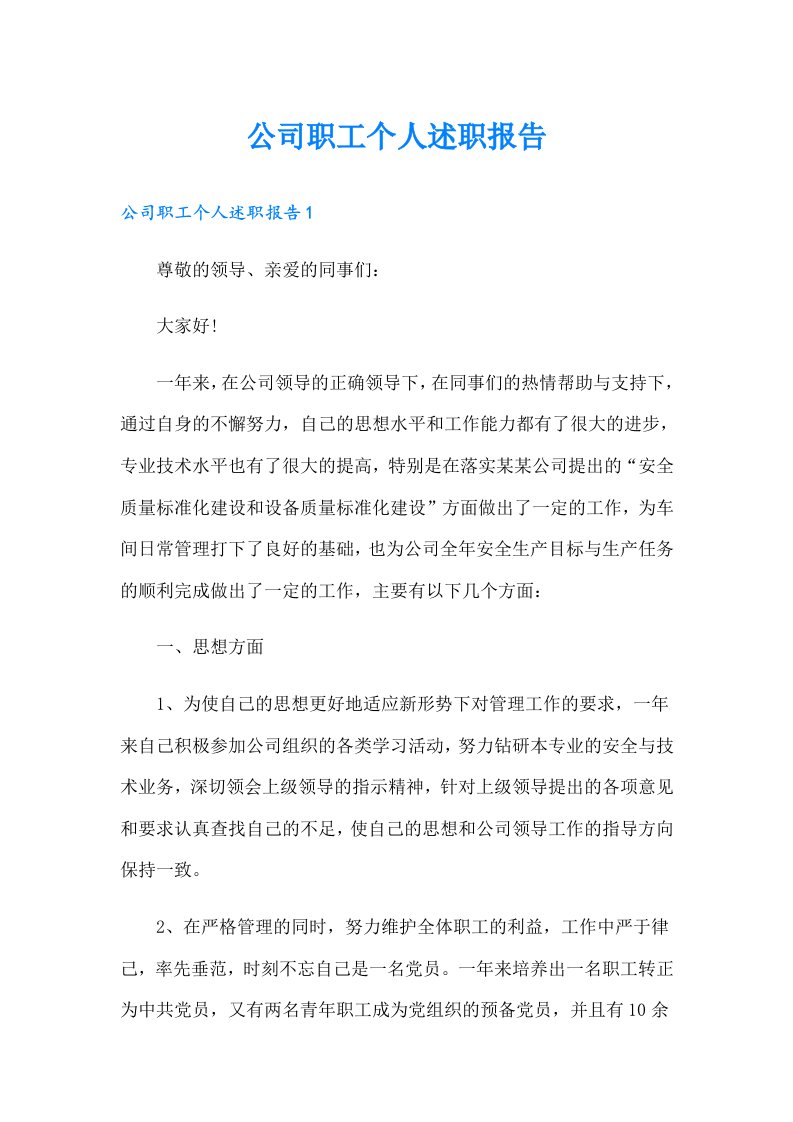 公司职工个人述职报告