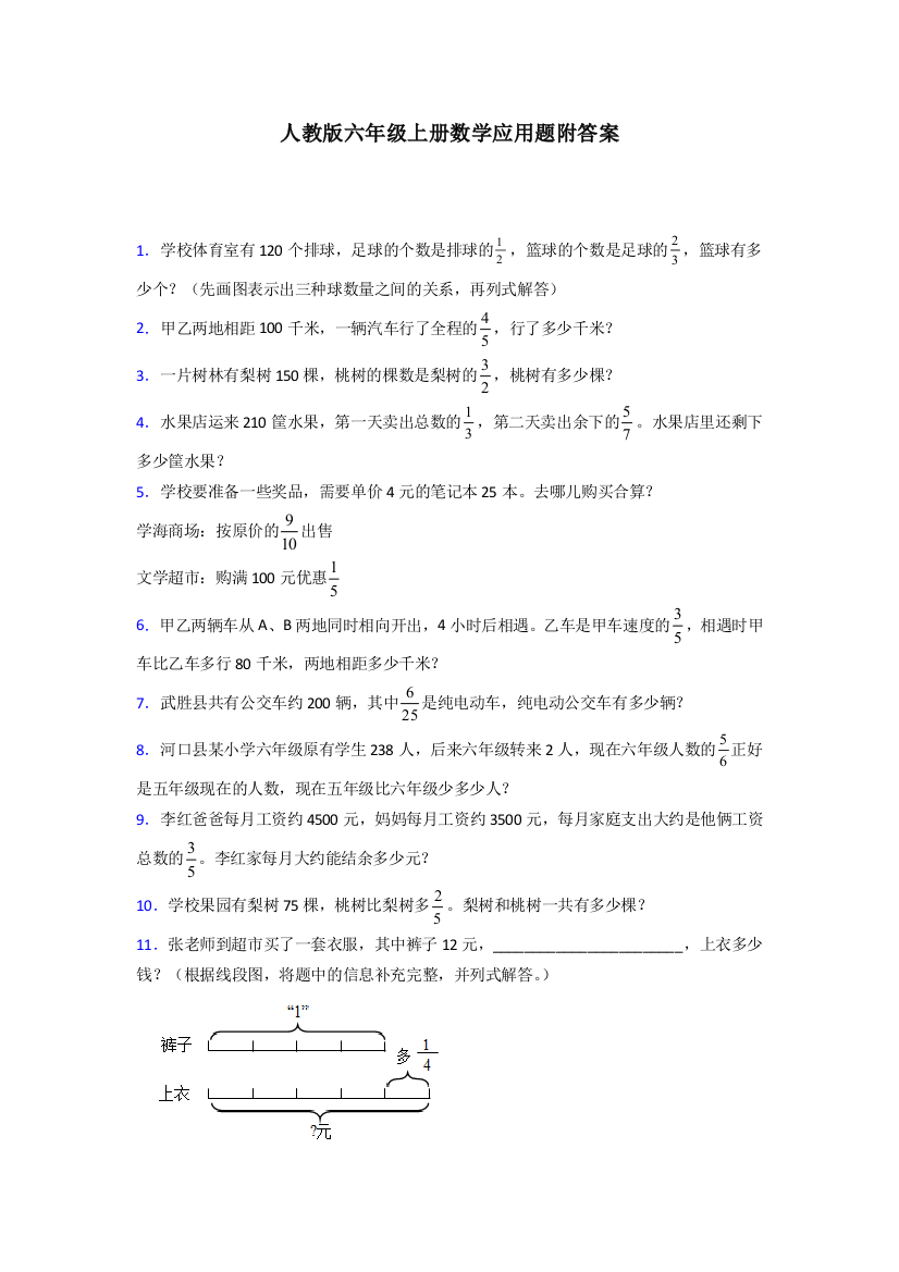 2024六年级人教上册数学应用题解决问题练习题