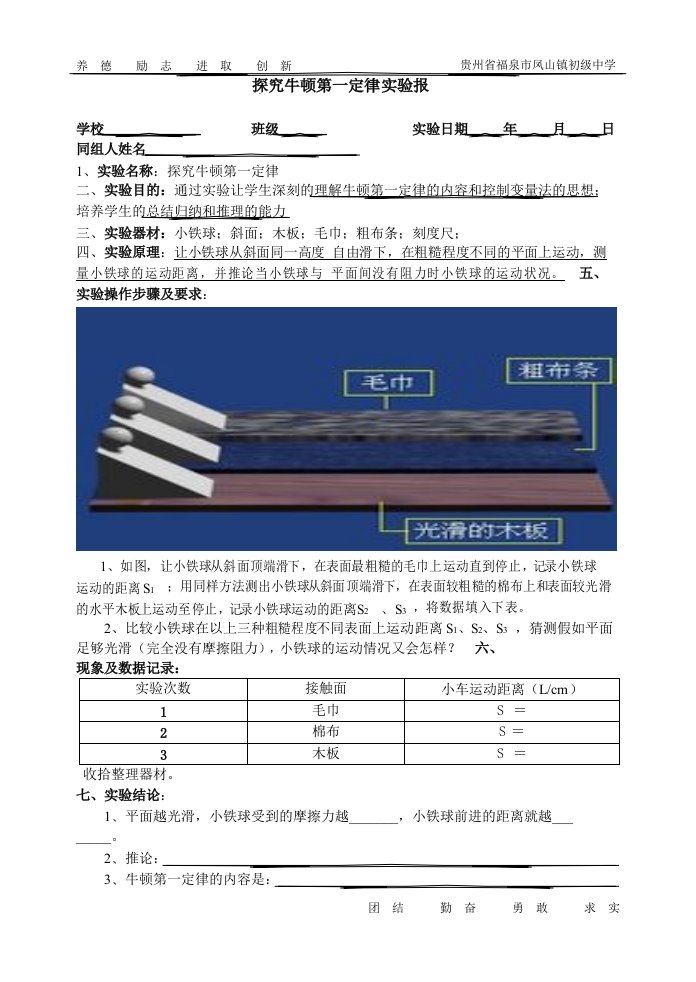 探究牛顿第一定律实验报告