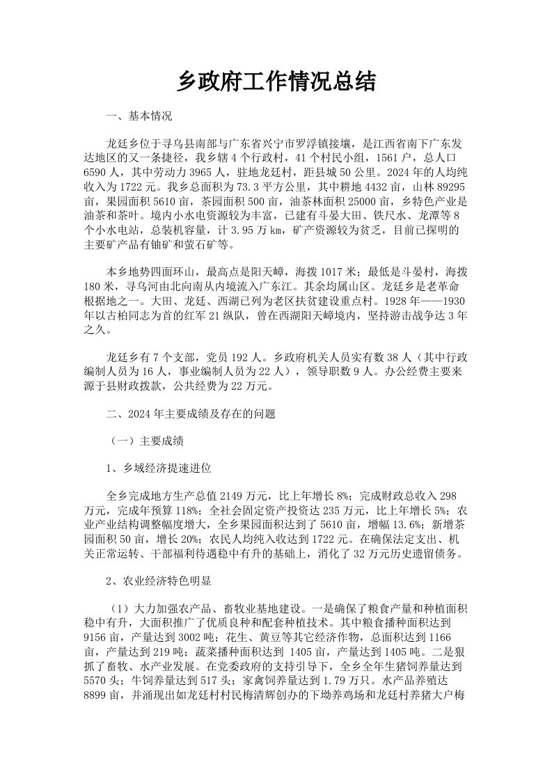 乡政府工作情况总结