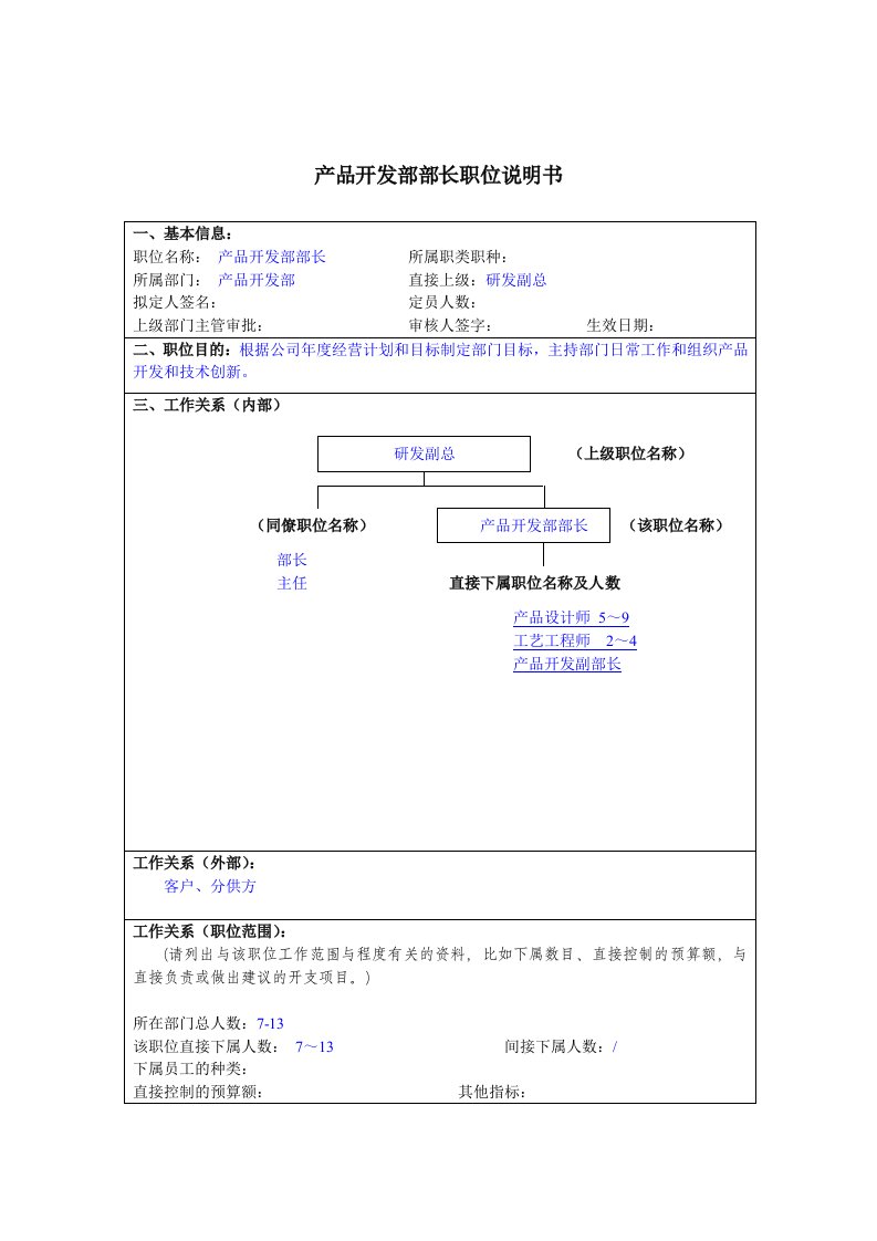 产品开发部部长岗位说明书