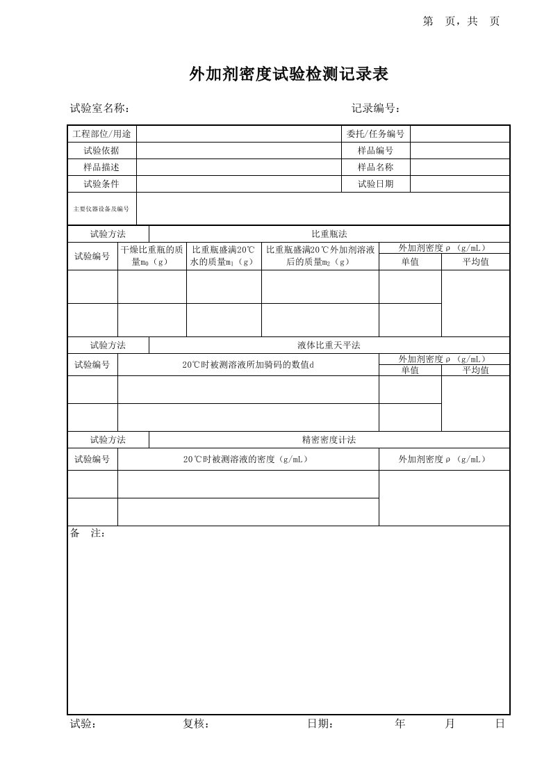 外加剂密度试验记录表