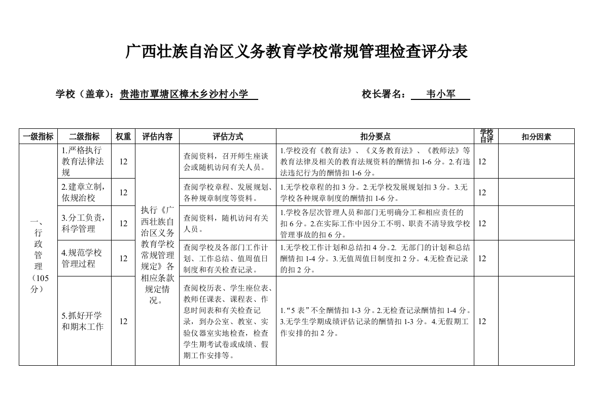 义务教育学校常规管理检查评分表樟木沙村小学