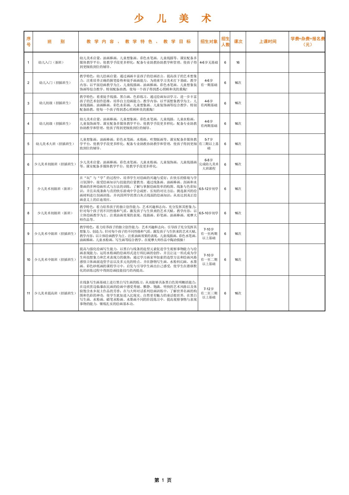 少儿美术培训课程安排