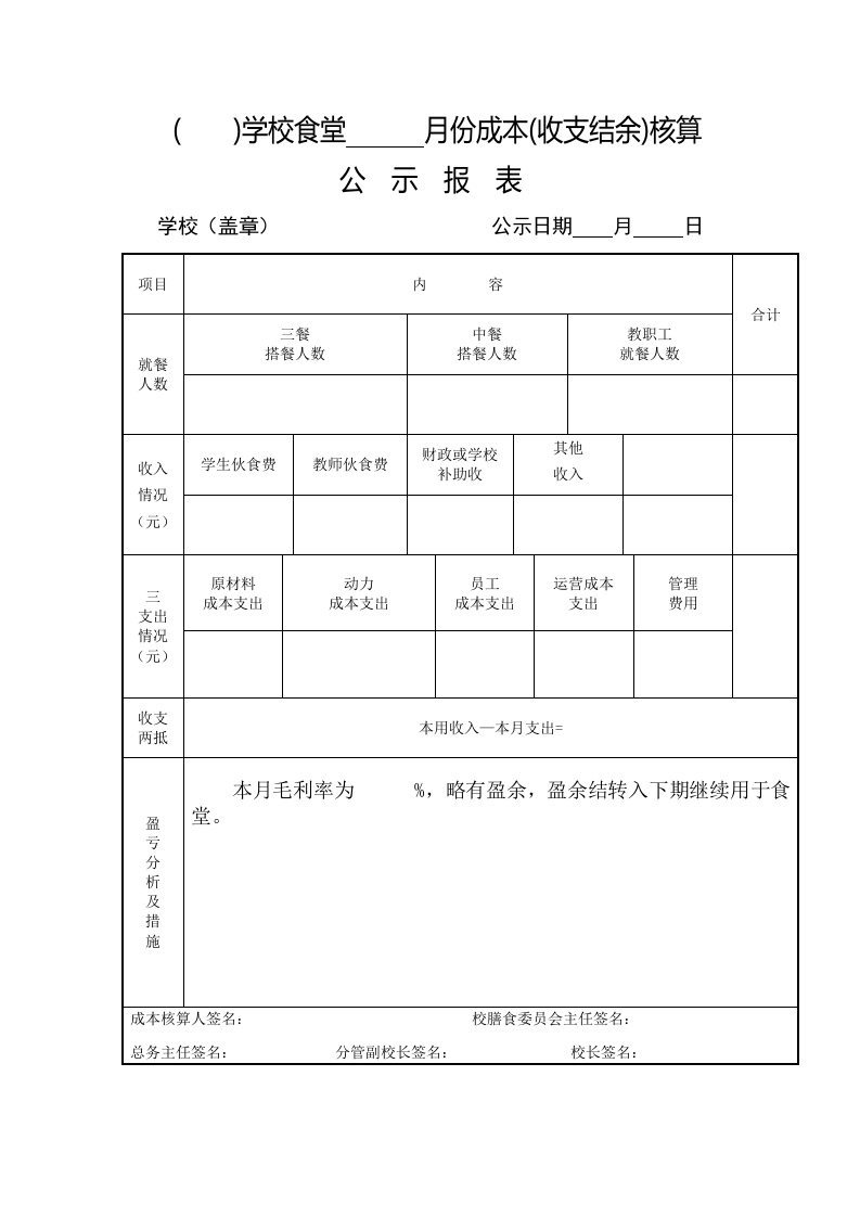 食堂成本核算公示报表(样表)