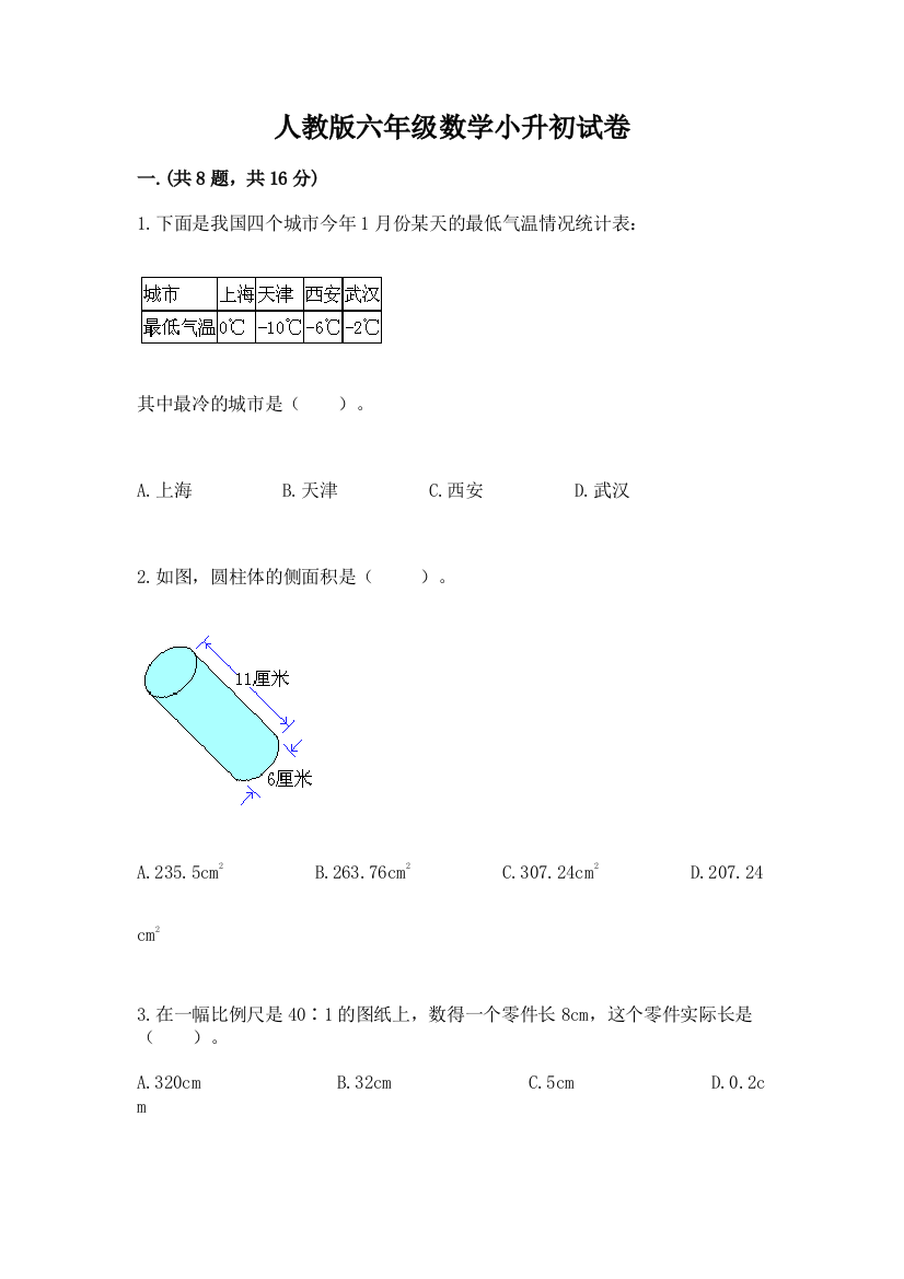 人教版六年级数学小升初试卷及参考答案（达标题）