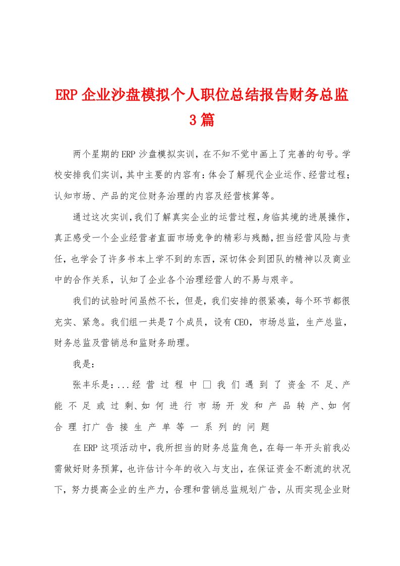 ERP企业沙盘模拟个人职位总结报告财务总监