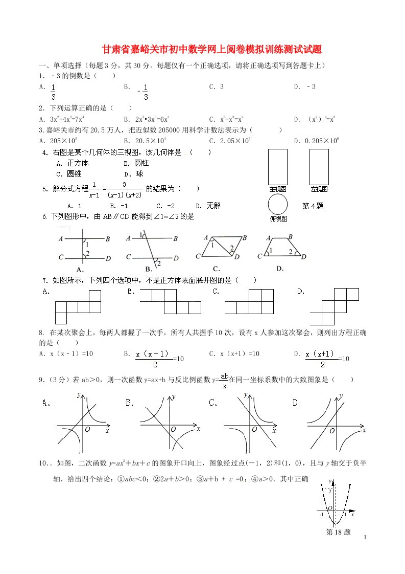 甘肃省嘉峪关市初中数学网上阅卷模拟训练测试试题