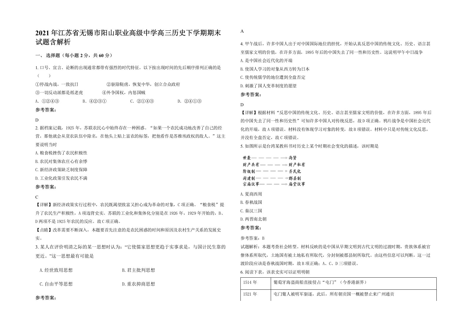 2021年江苏省无锡市阳山职业高级中学高三历史下学期期末试题含解析