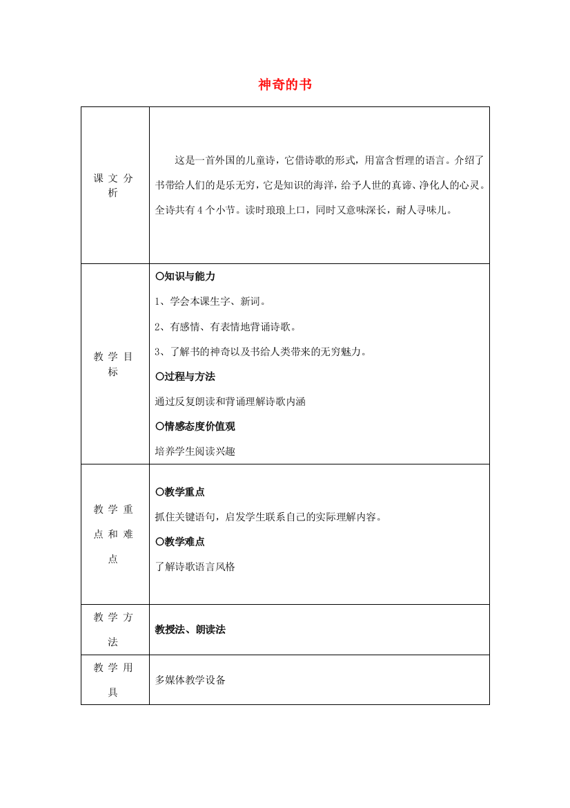 春五年级语文下册《神奇的书》教案