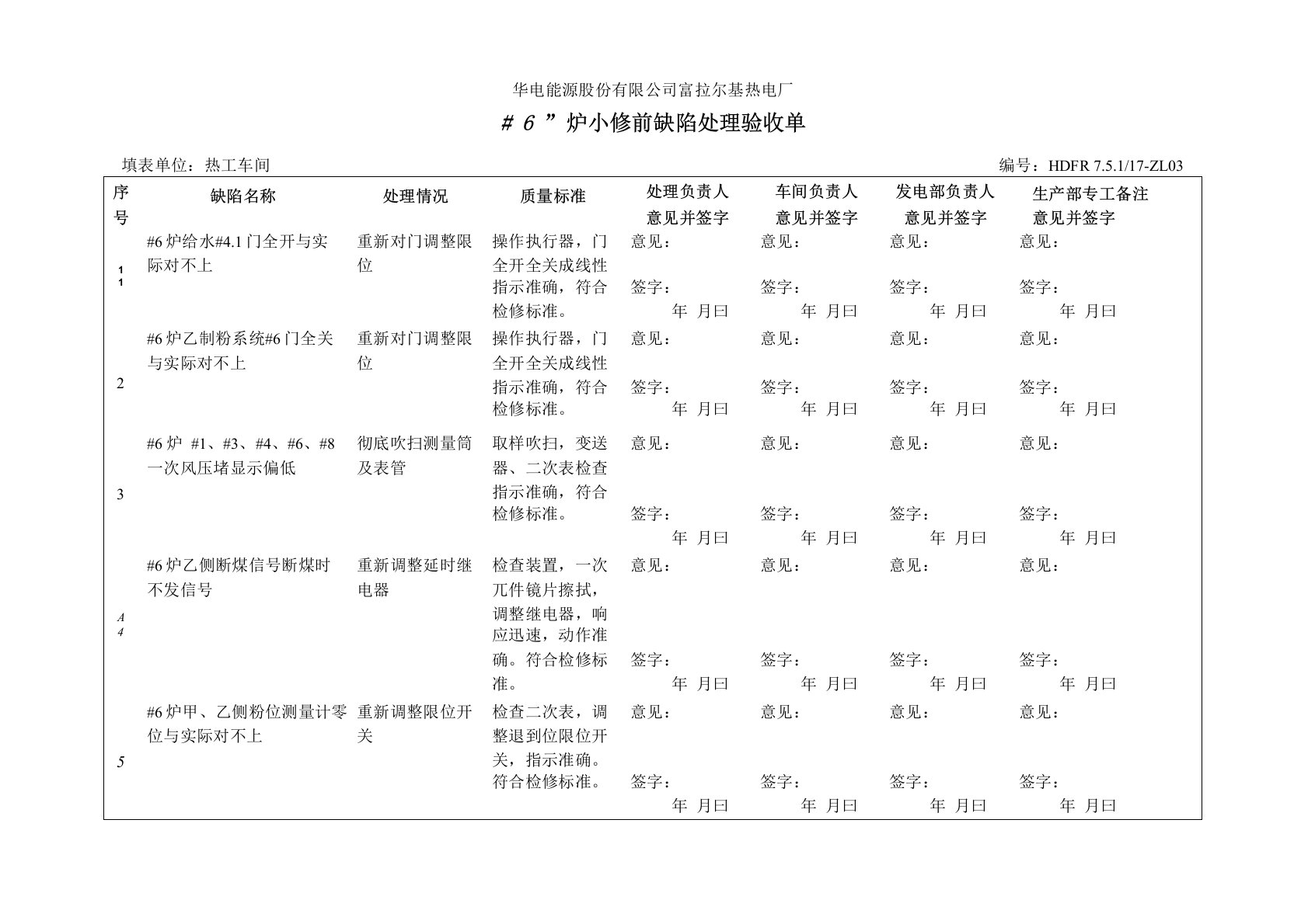 机组修前缺陷处理验收单1