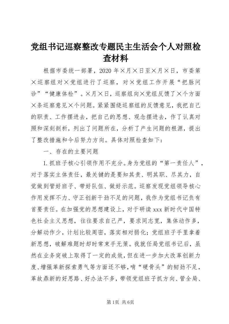 党组书记巡察整改专题民主生活会个人对照检查材料