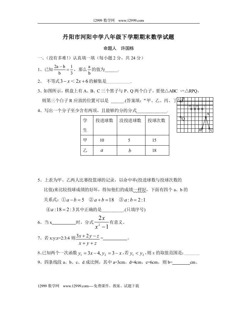 【小学中学教育精选】江苏丹阳河阳中学八年级下期末试卷