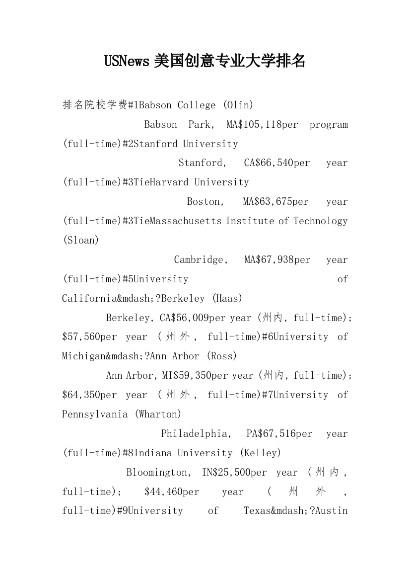 USNews美国创意专业大学排名