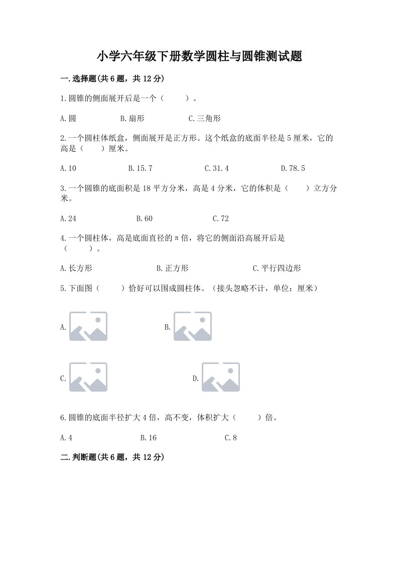 小学六年级下册数学圆柱与圆锥测试题附参考答案（典型题）