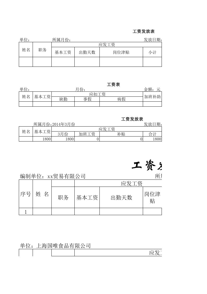 工资表模板大全