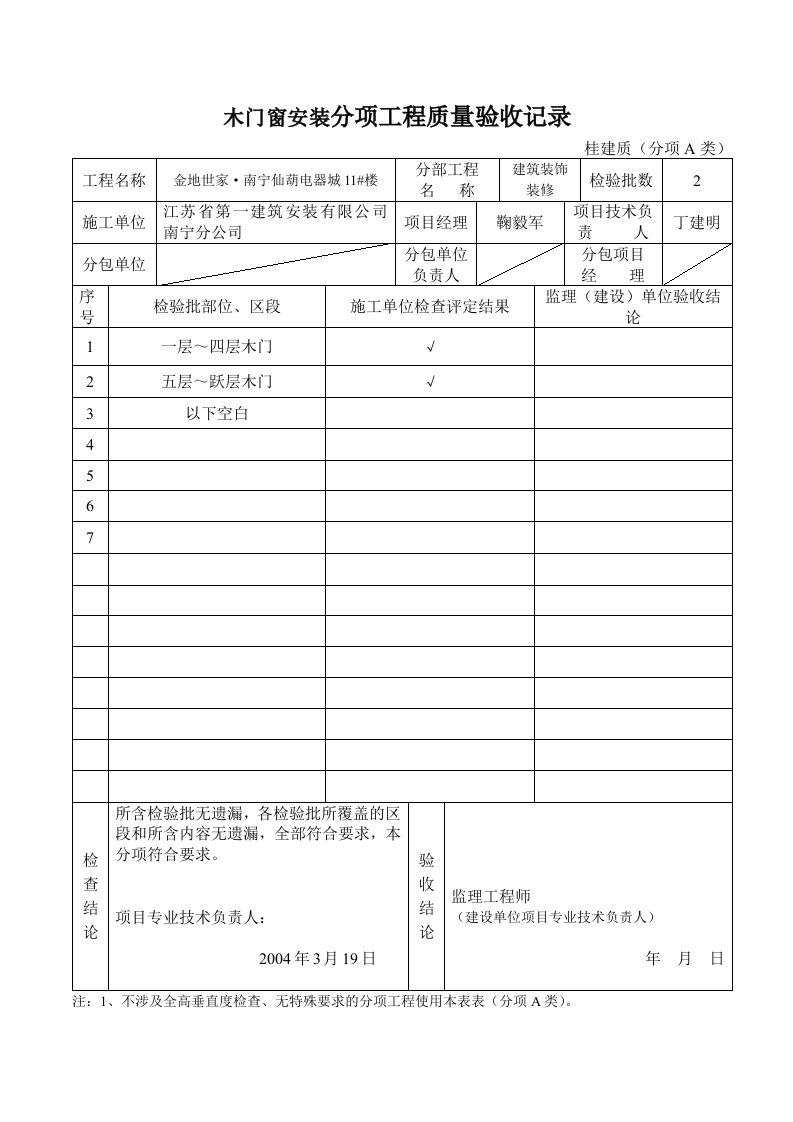 木门窗安装分项工程验收记录