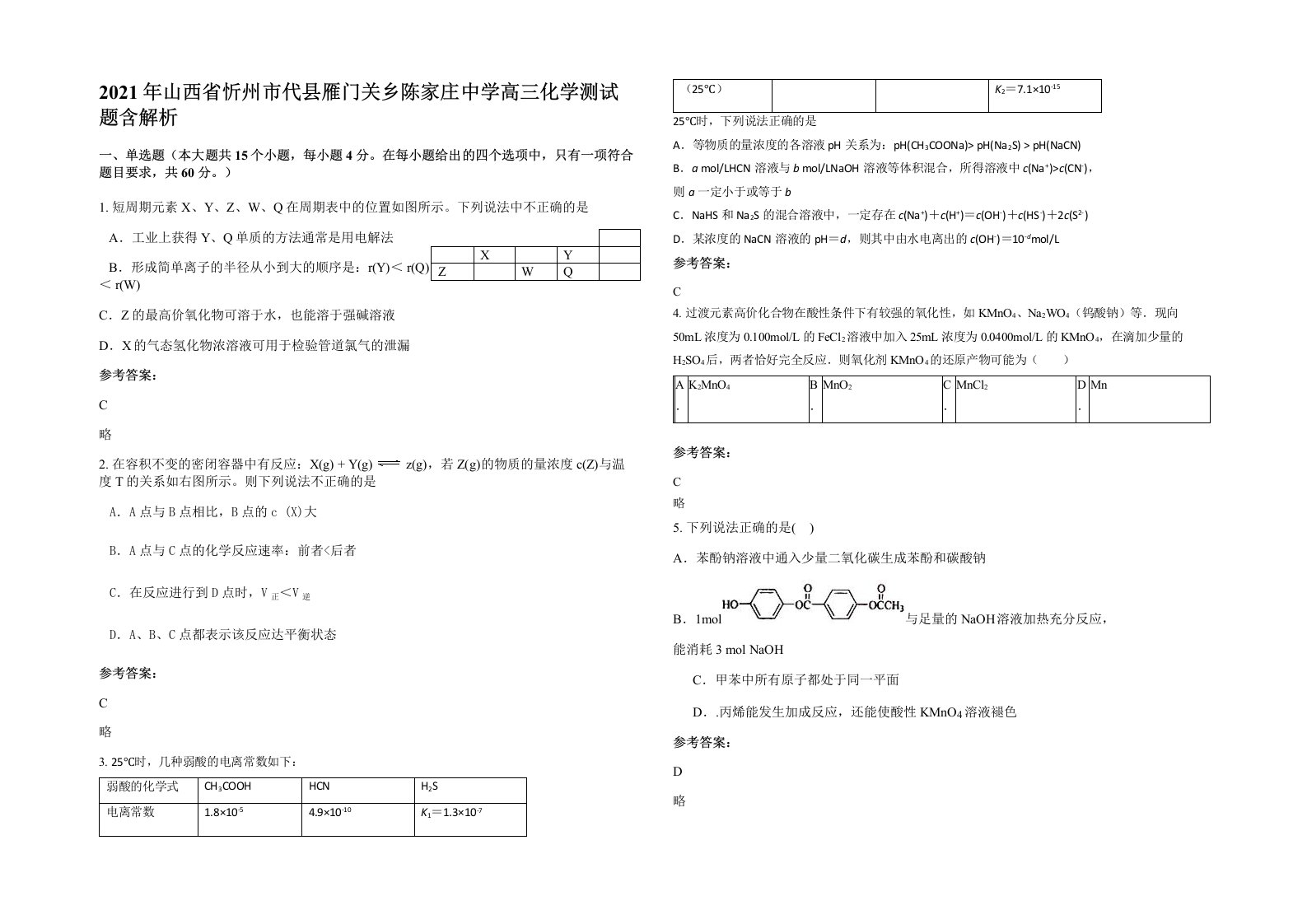 2021年山西省忻州市代县雁门关乡陈家庄中学高三化学测试题含解析