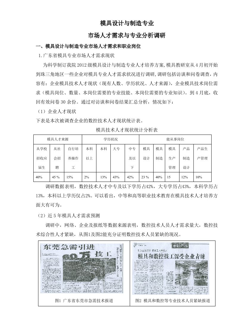 模具专业市场人才需求与专业分析调研报告