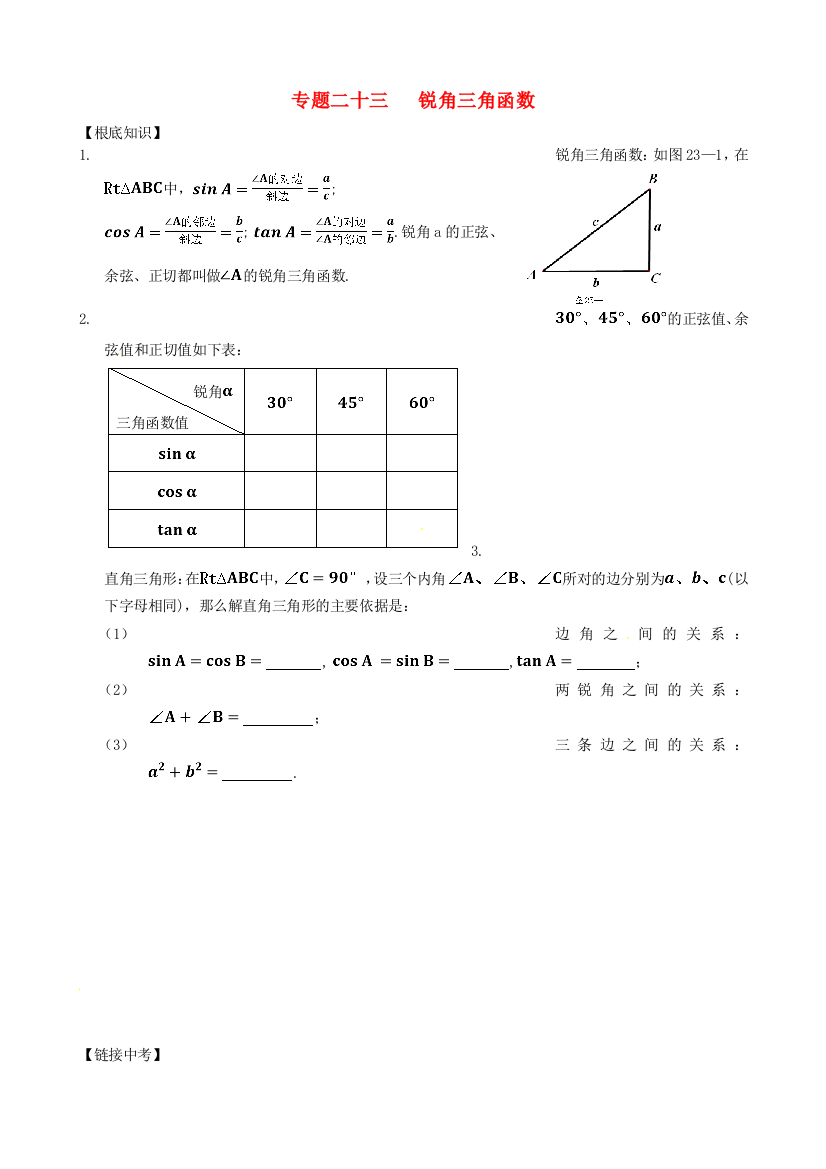 （整理版）专题二十三锐角三角函数