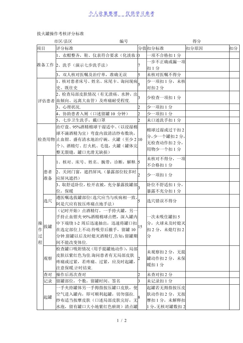 拔火罐操作考核评分标准规范