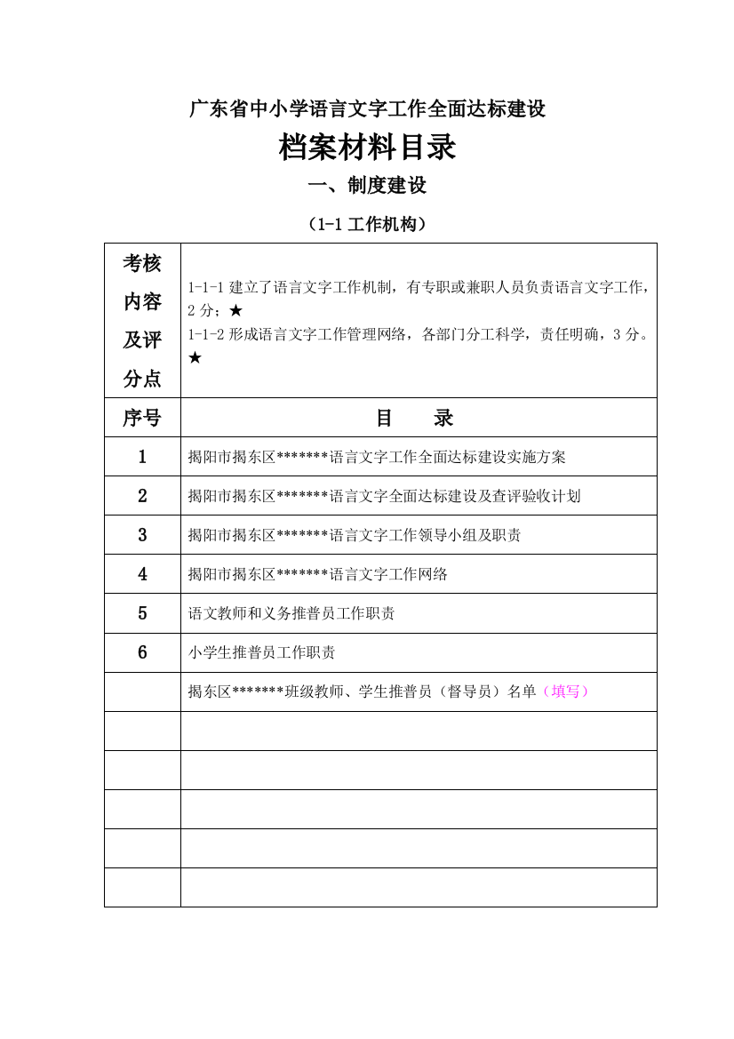 广东省中小学语言文字工作全面达标建设档案材料目录