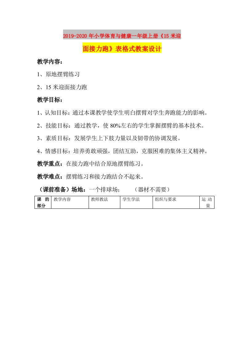 2019-2020年小学体育与健康一年级上册《15米迎面接力跑》表格式教案设计