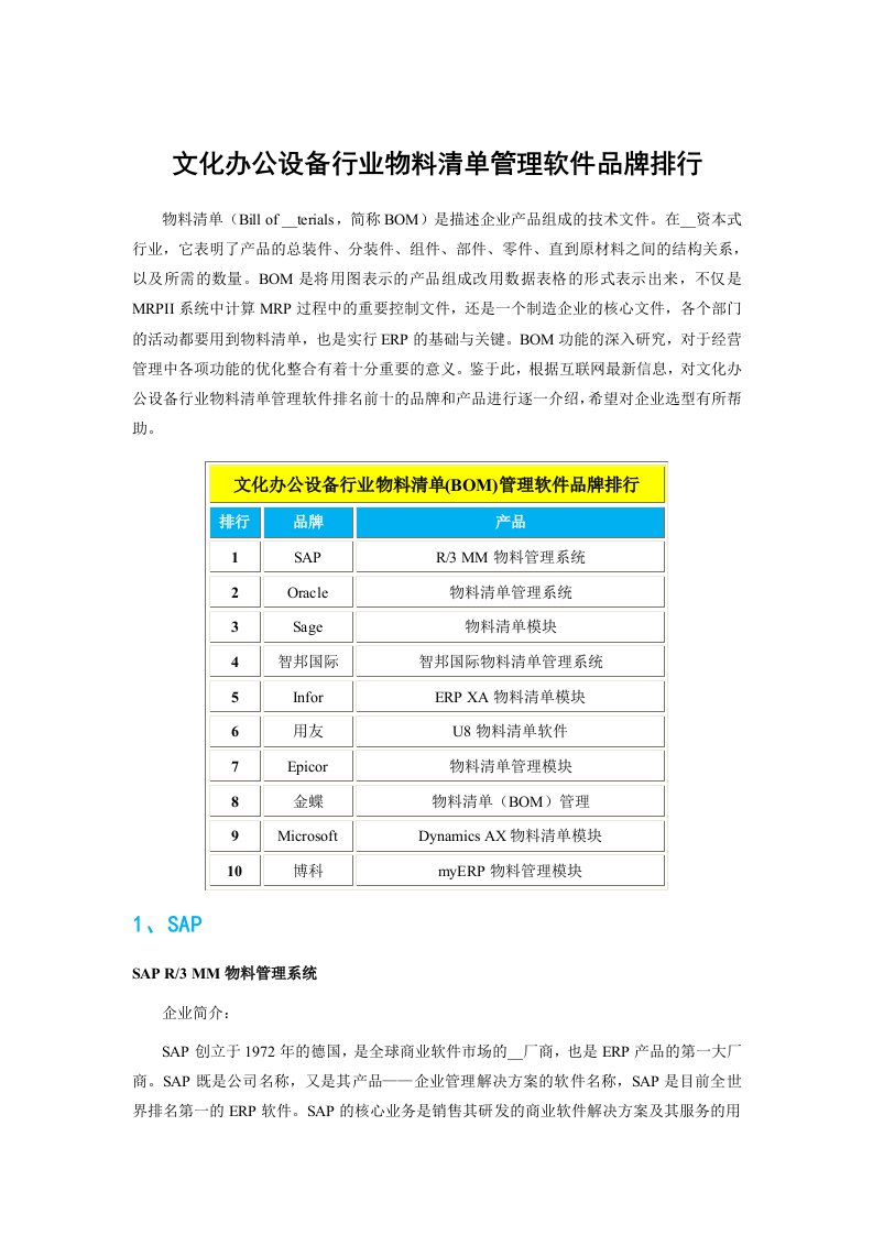 文化办公设备行业物料清单管理软件品牌排行