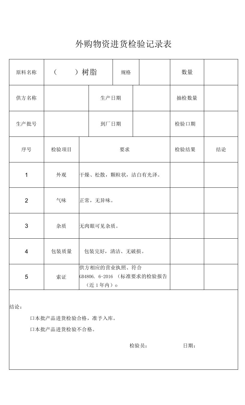 原料进货检验记录（PP、PE树脂）