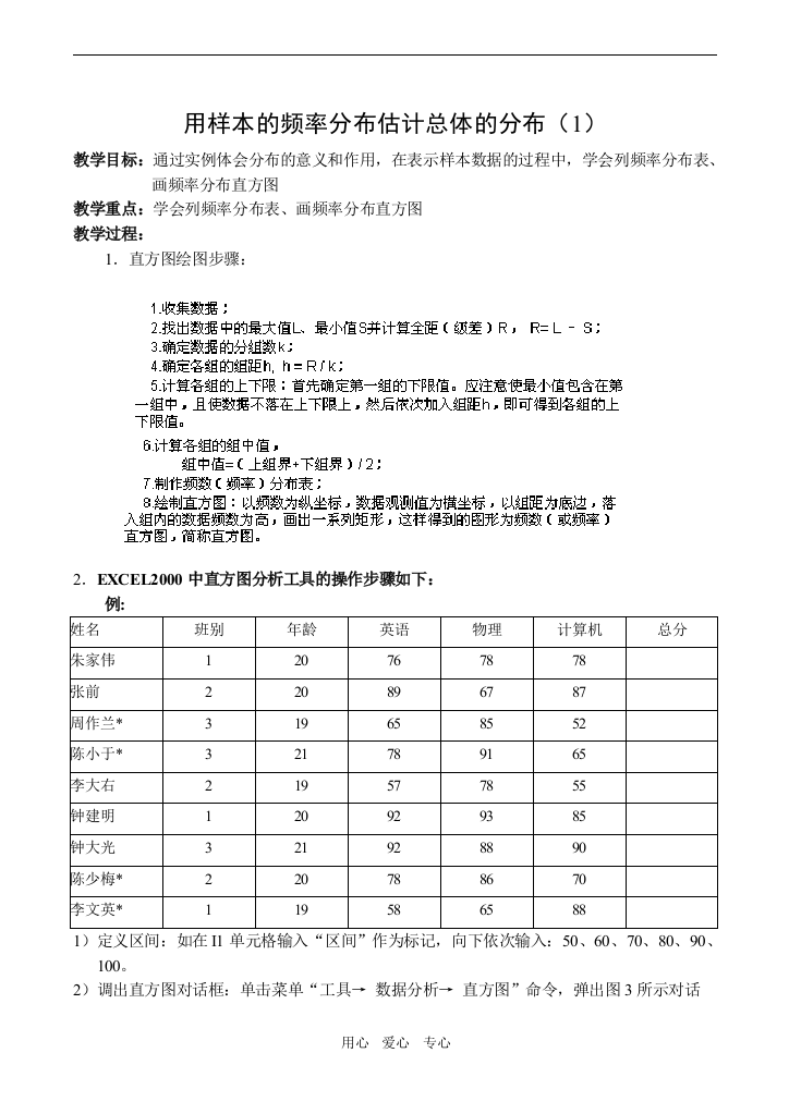 高中数学用样本的频率分布估计总体的分布（1）人教版必修3B