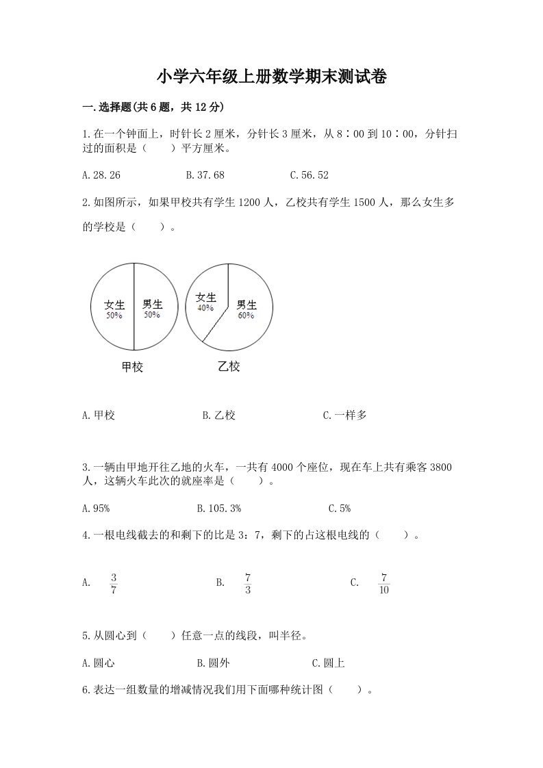 小学六年级上册数学期末测试卷完美版2