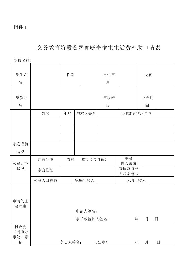 义务教育阶段家庭经济困难寄宿生生活费补助申请表