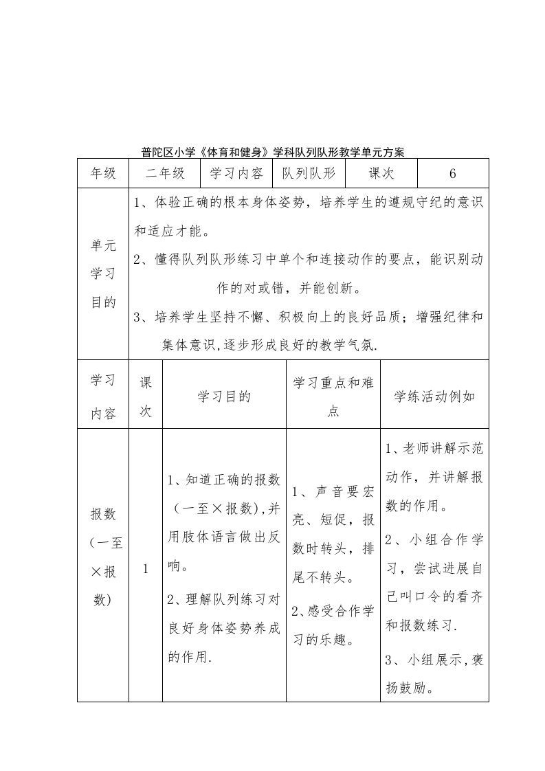 普陀区小学体育与健身学科队列队形教学单元计划