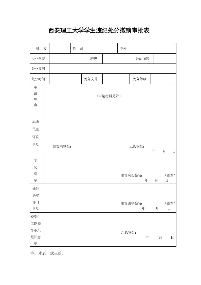 西安理工大学学生违纪处分撤销审批表