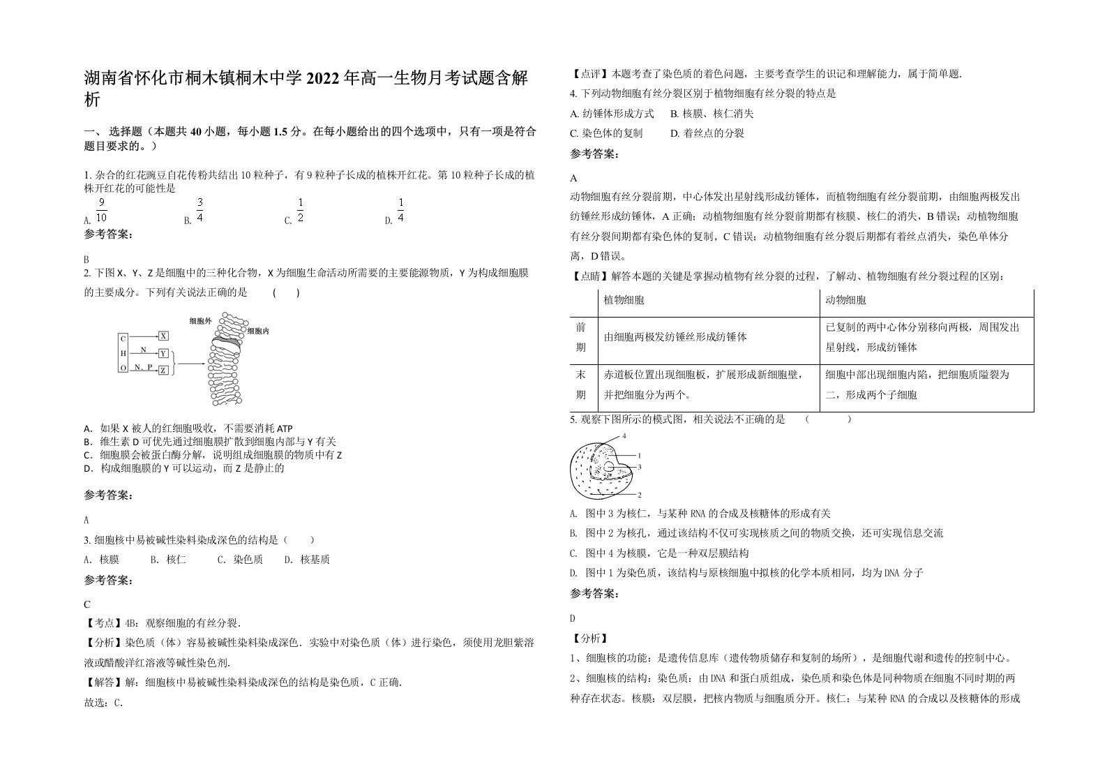 湖南省怀化市桐木镇桐木中学2022年高一生物月考试题含解析