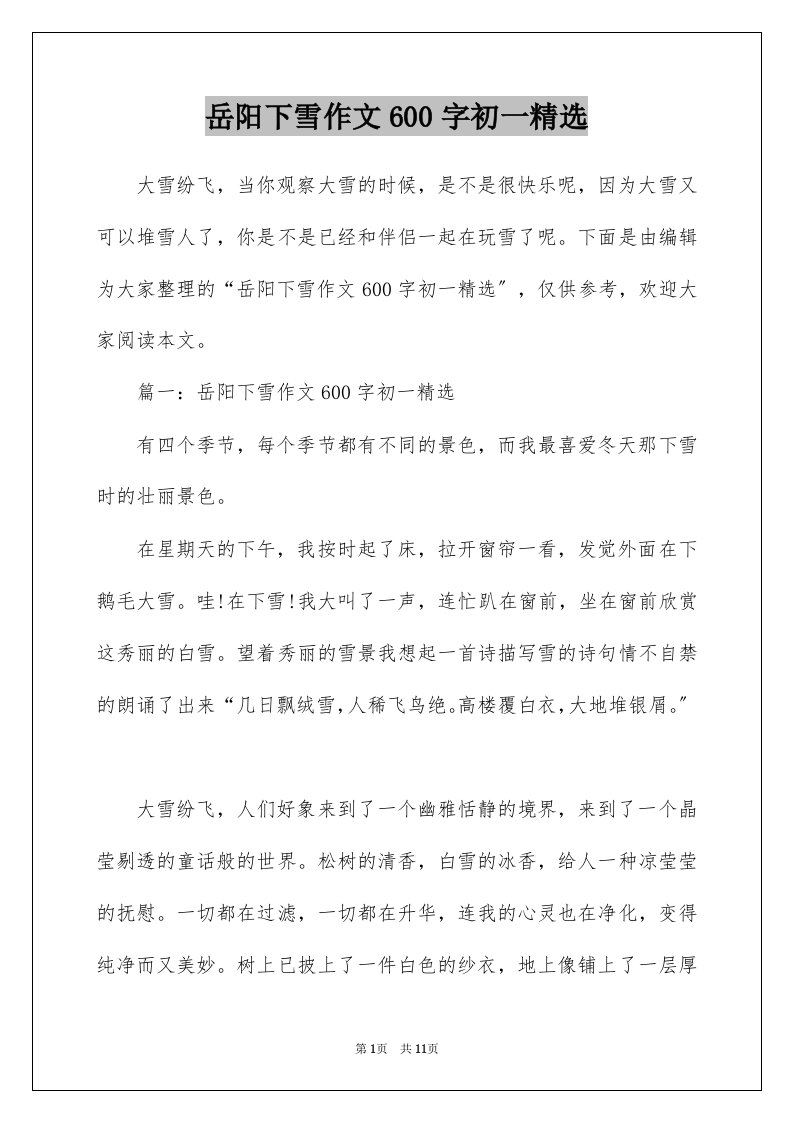 岳阳下雪作文600字初一精选