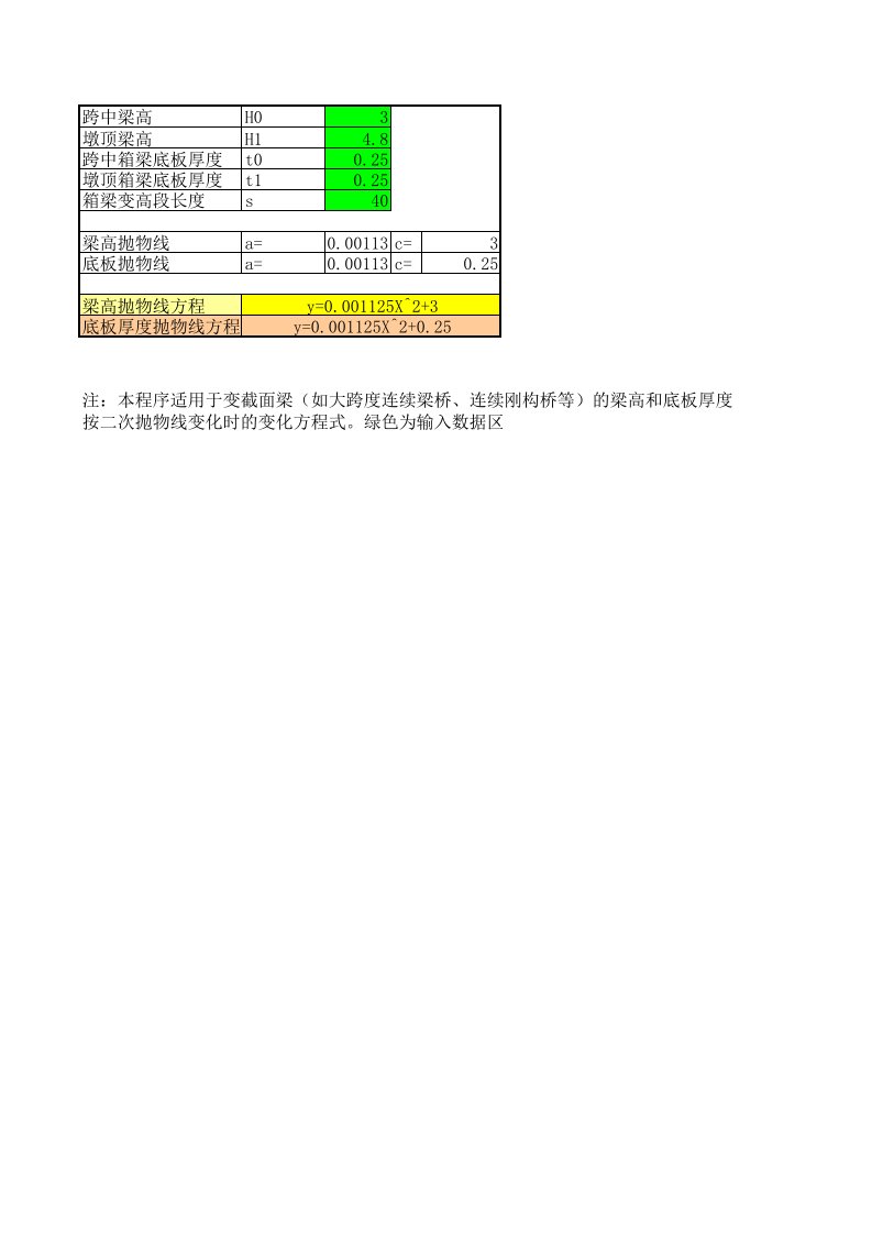 桥梁二次抛物线方程求解程序EXCEL版本