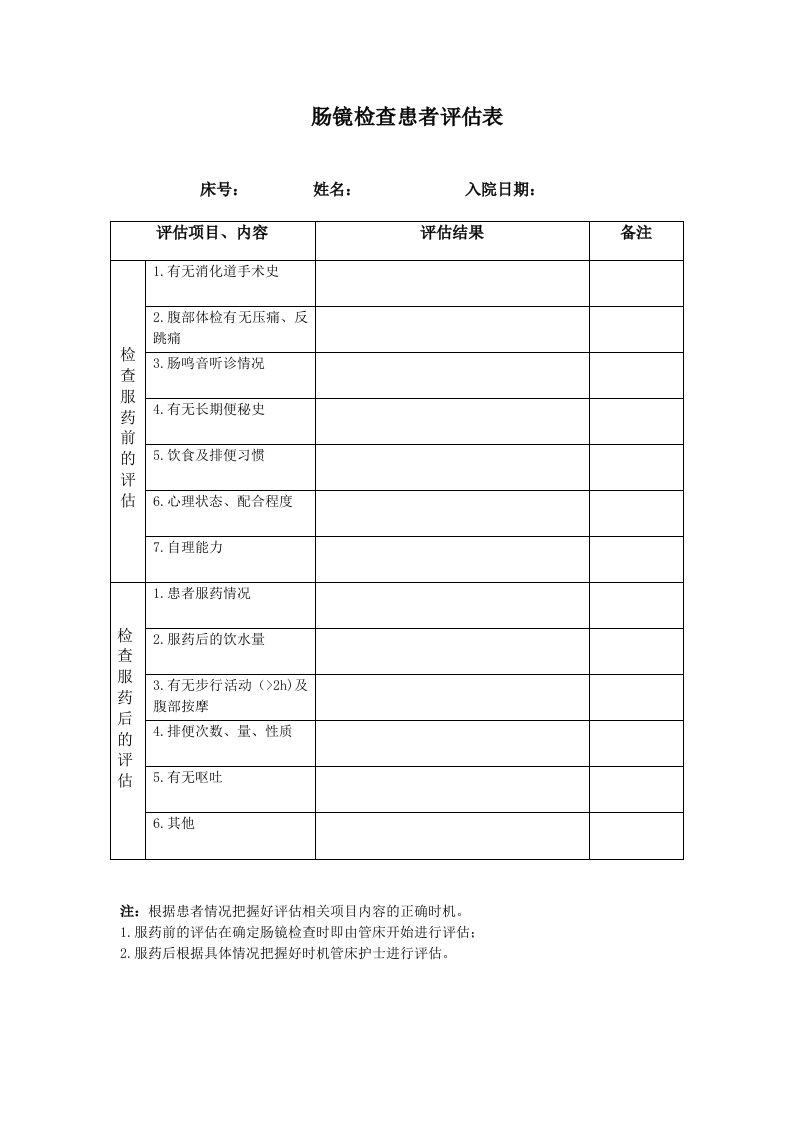 肠镜检查患者评估表