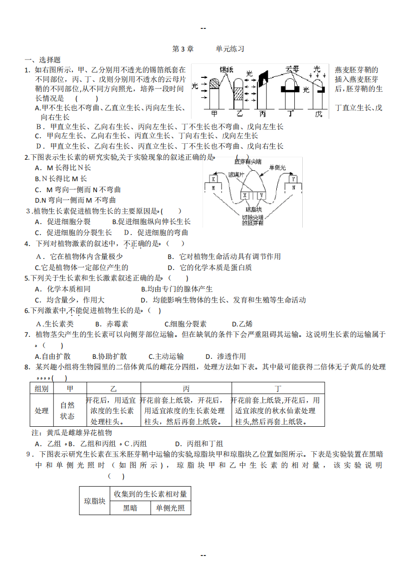 植物的激素调节测试题