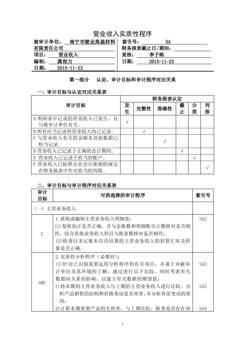 审计工作底稿-3-19营业收入实质性程序