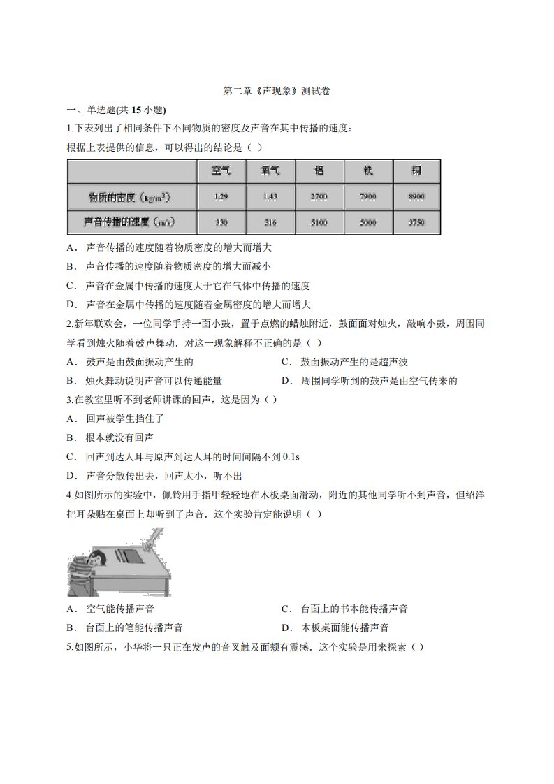 2020年初中物理八年级上期第二章《声现象》测试卷